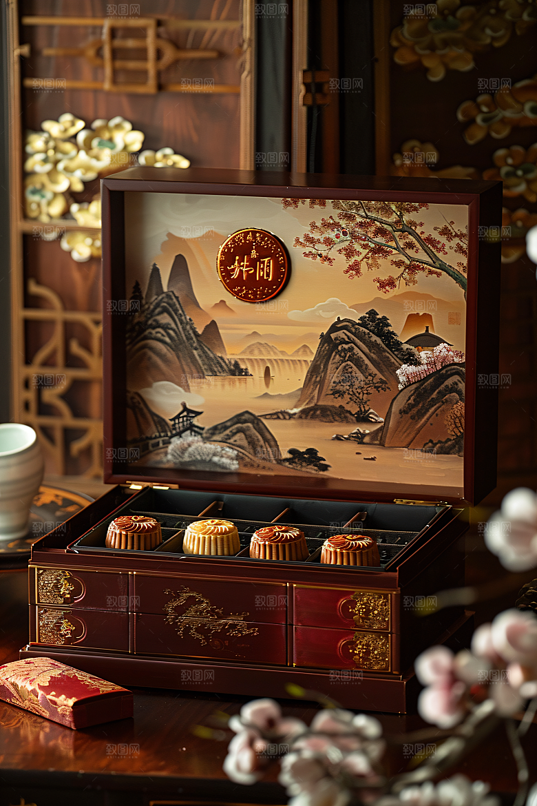 中秋月饼礼盒甜点传统美食摄影图
