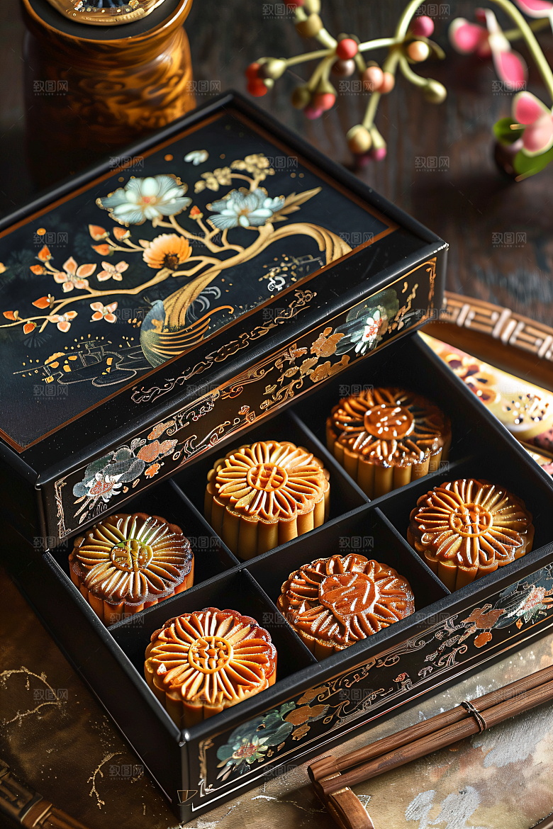 中秋月饼礼盒精致中秋节摄影图
