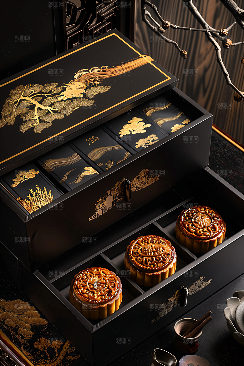 中秋月饼礼盒美食甜点摄影图