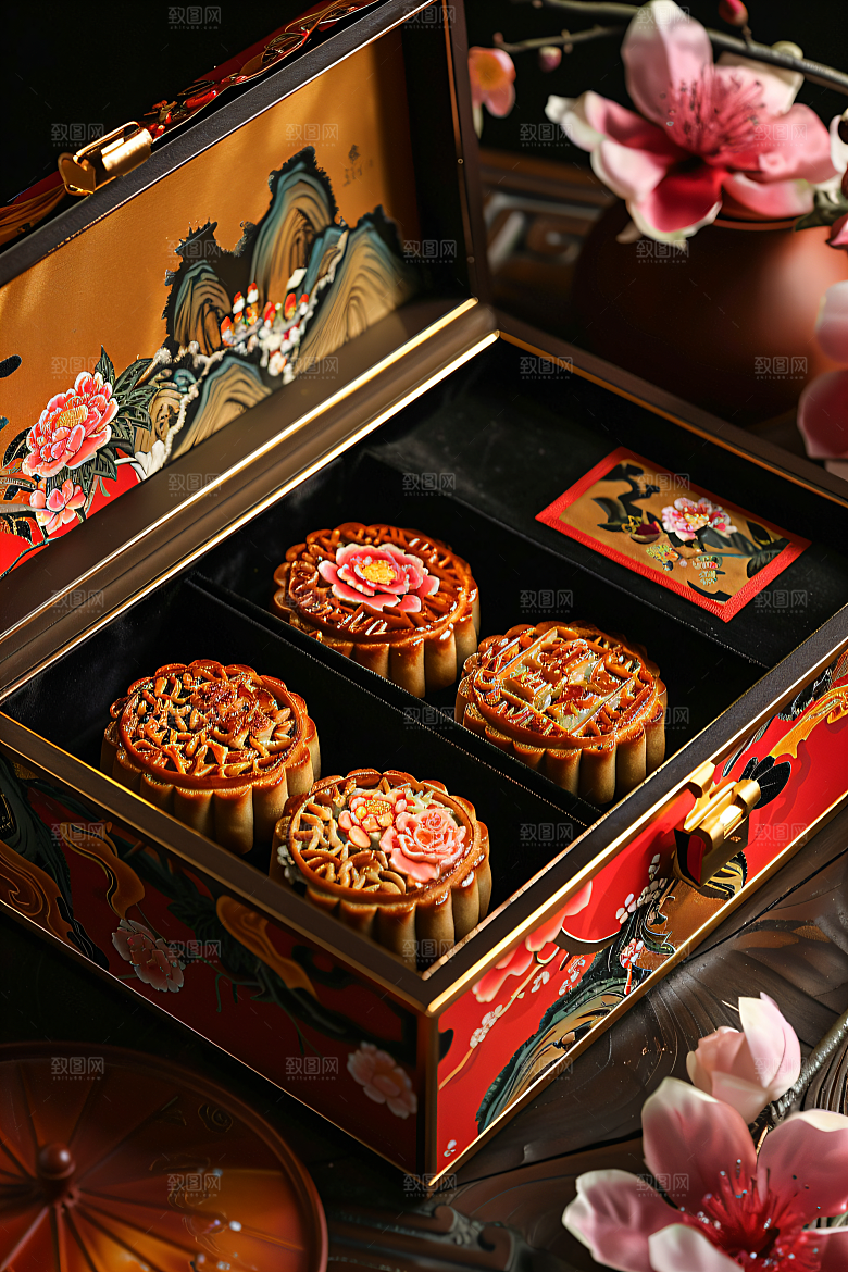 中秋月饼礼盒传统节日传统美食摄影图
