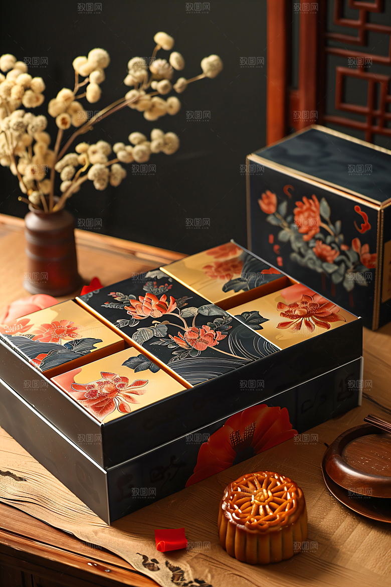 中秋月饼礼盒传统节日糕点摄影图