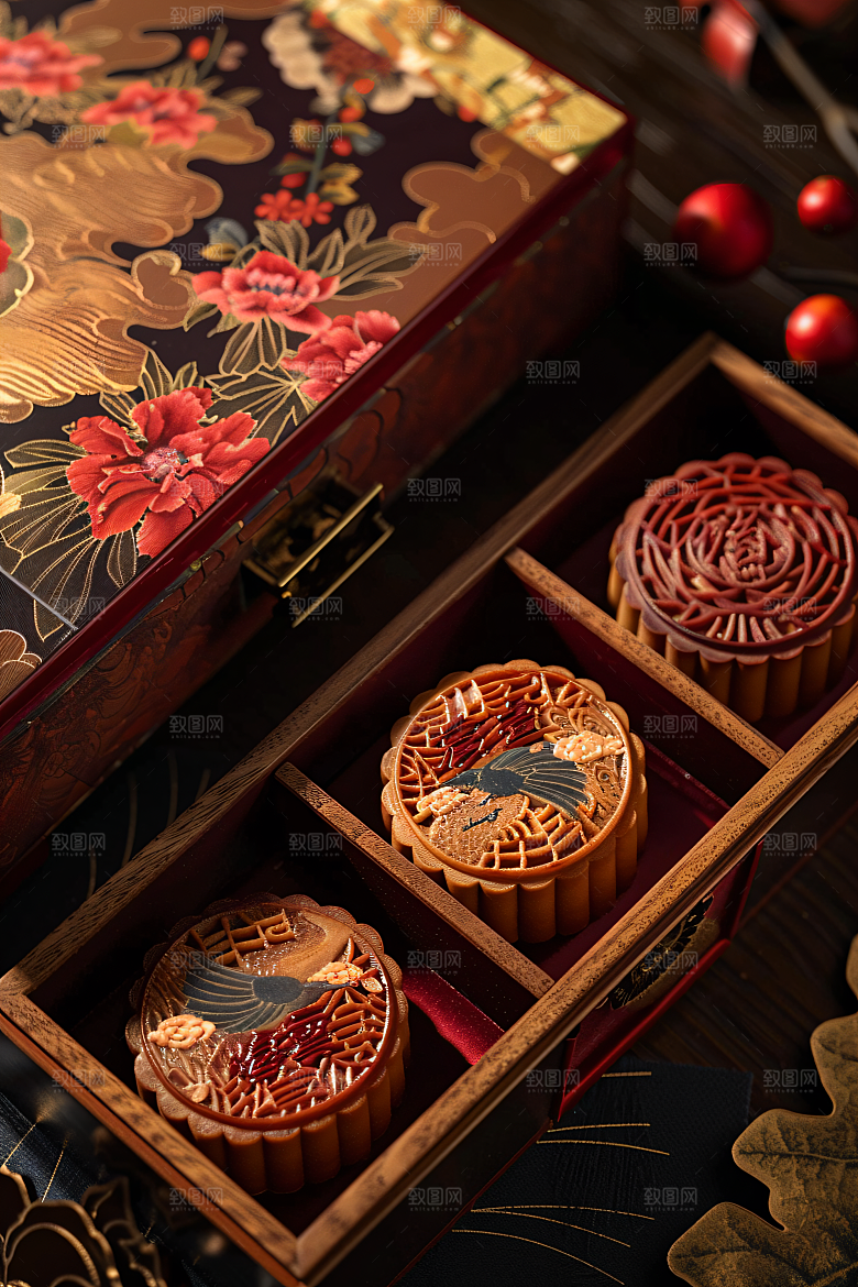 中秋月饼礼盒糕点习俗摄影图