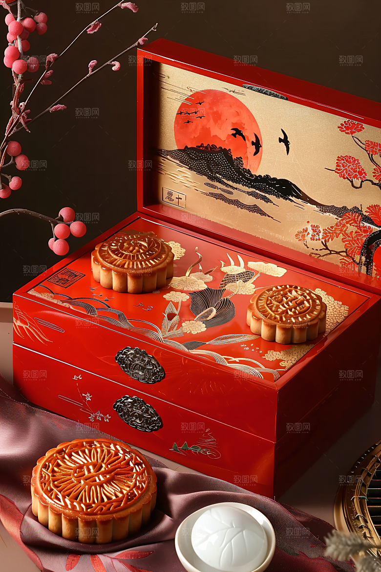 中秋月饼礼盒精致广式月饼摄影图