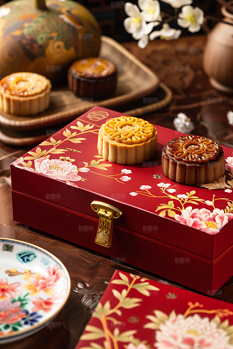 中秋月饼礼盒甜点莲蓉月饼摄影图