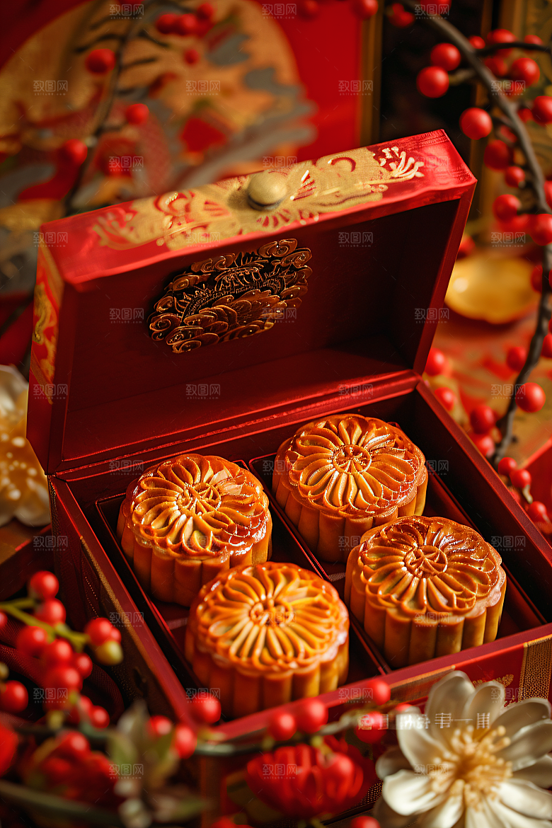 中秋月饼礼盒习俗美味摄影图