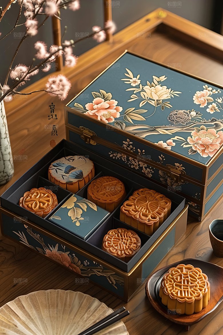 中秋月饼礼盒广式月饼莲蓉月饼摄影图