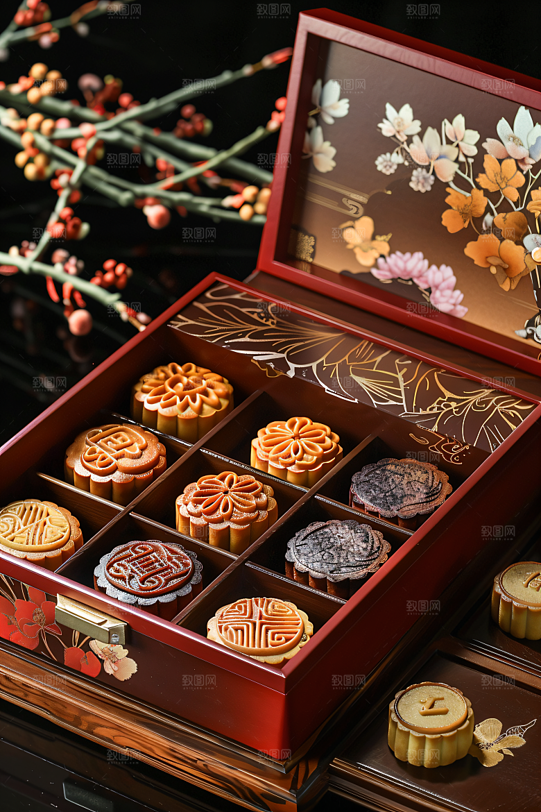 中秋月饼礼盒精致甜点摄影图