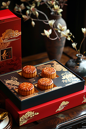 中秋月饼礼盒传统美食美味摄影图