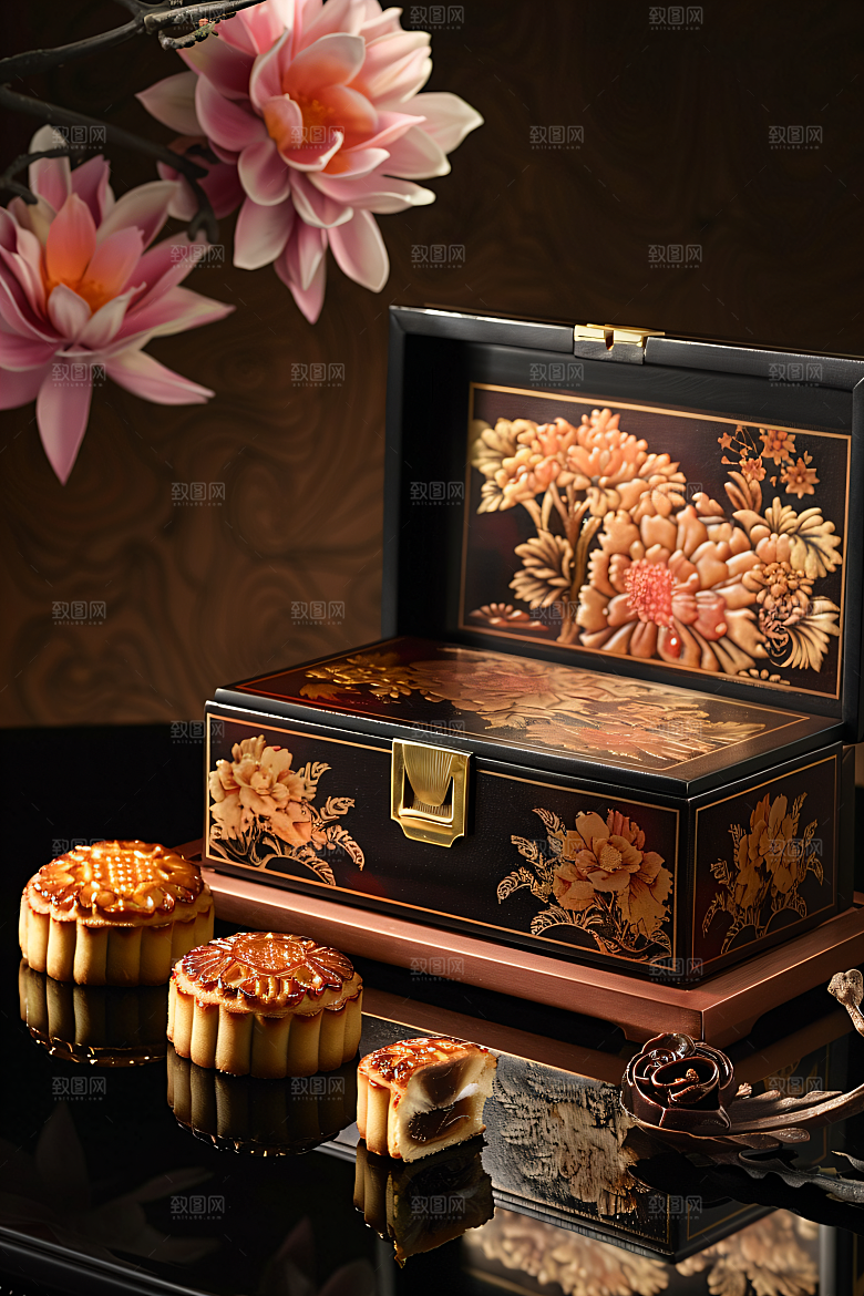 中秋月饼礼盒习俗美味摄影图
