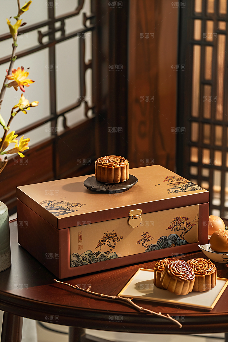 中秋月饼礼盒莲蓉月饼糕点摄影图