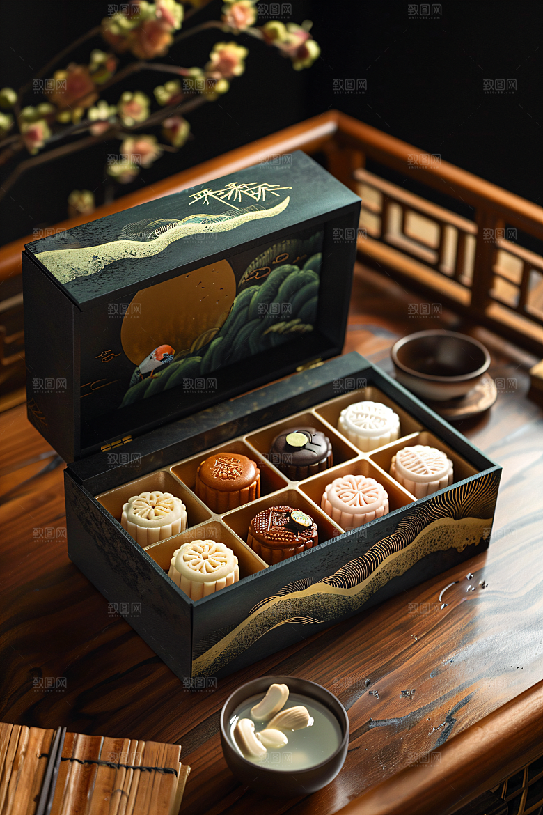 中秋月饼礼盒美食习俗摄影图