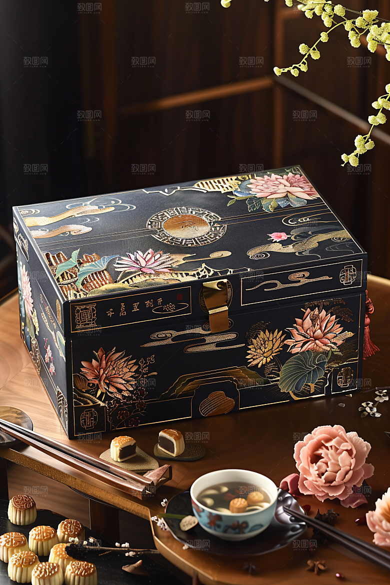中秋月饼礼盒莲蓉月饼礼品摄影图