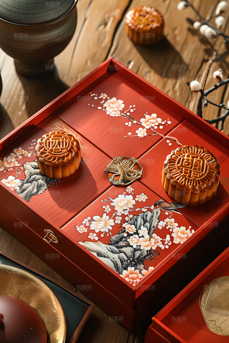 中秋月饼礼盒传统美食甜点摄影图