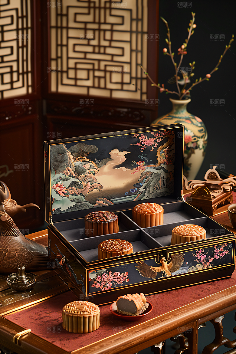 中秋月饼礼盒文化美食摄影图