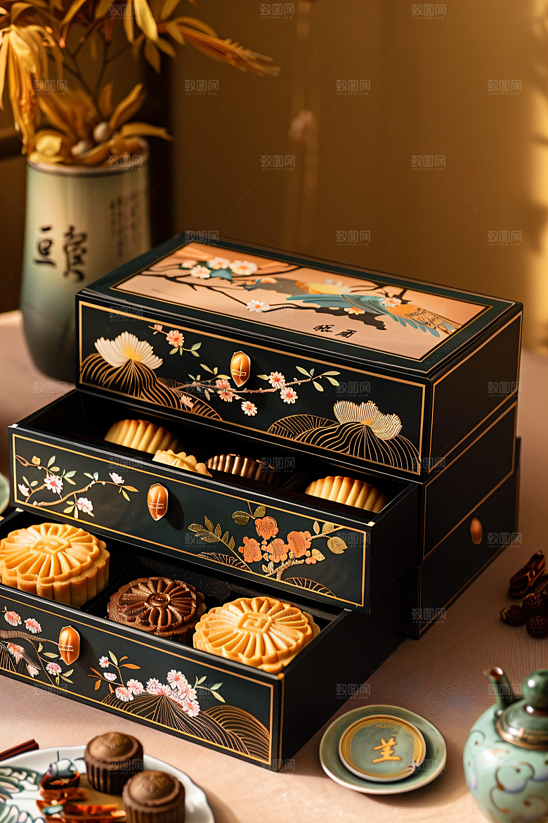 中秋月饼礼盒美味传统美食摄影图