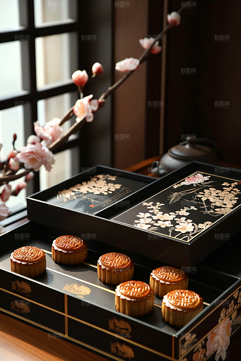中秋月饼礼盒莲蓉月饼甜点摄影图