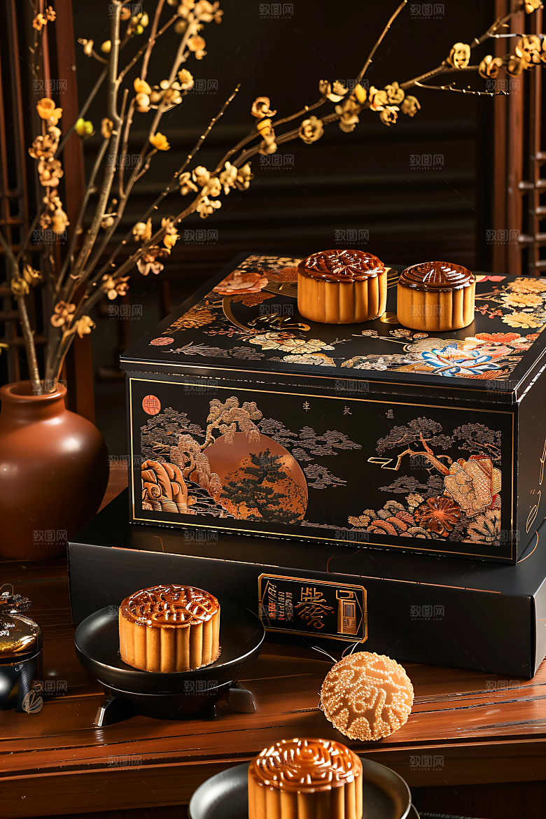 中秋月饼礼盒莲蓉月饼糕点摄影图
