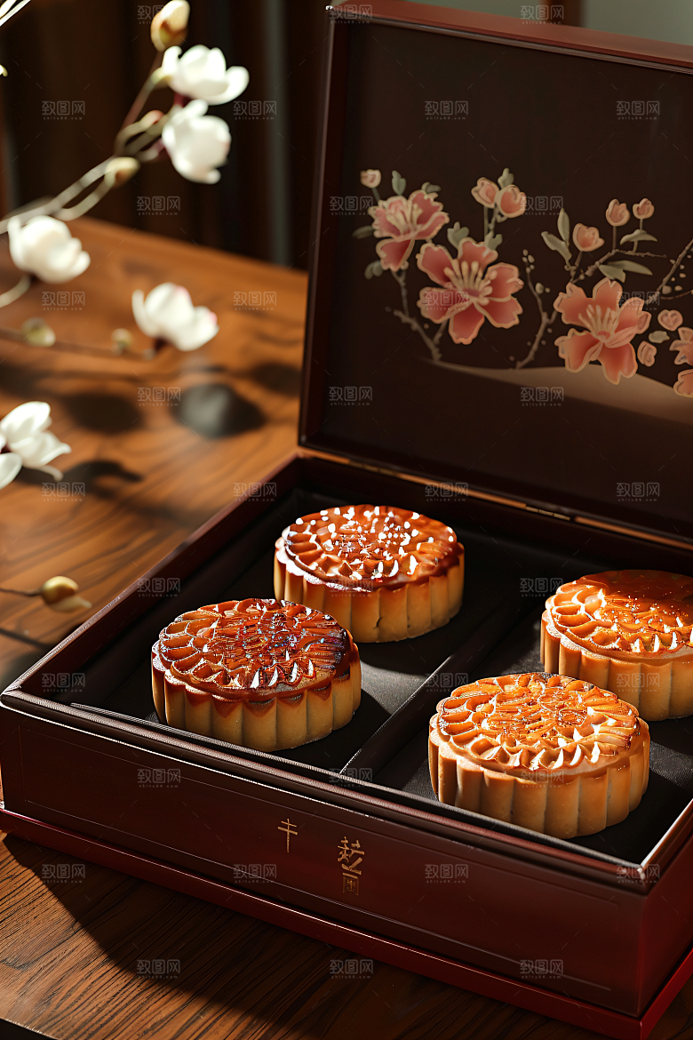 中秋月饼礼盒传统节日美食摄影图