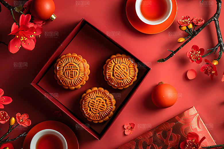 中秋月饼礼盒甜点传统节日摄影图
