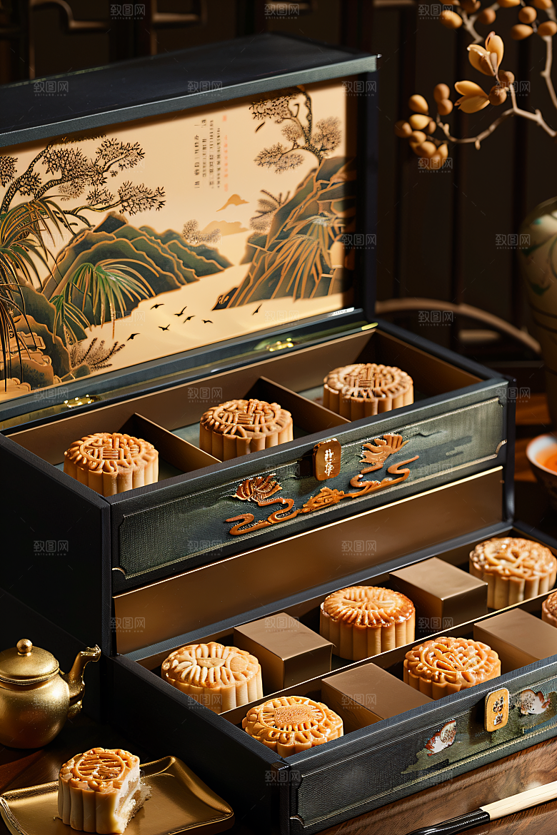 中秋月饼礼盒精致甜点摄影图