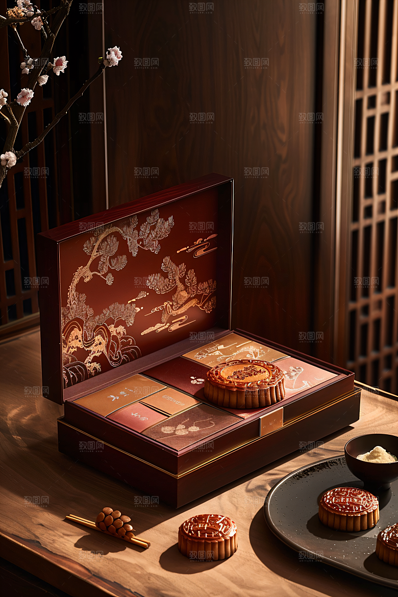 中秋月饼礼盒糕点美食摄影图