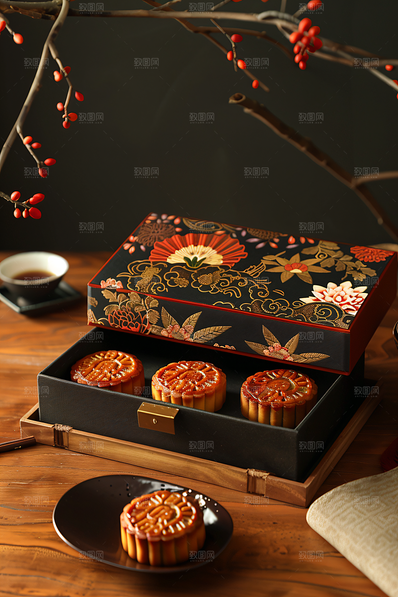 中秋月饼礼盒美食甜点摄影图