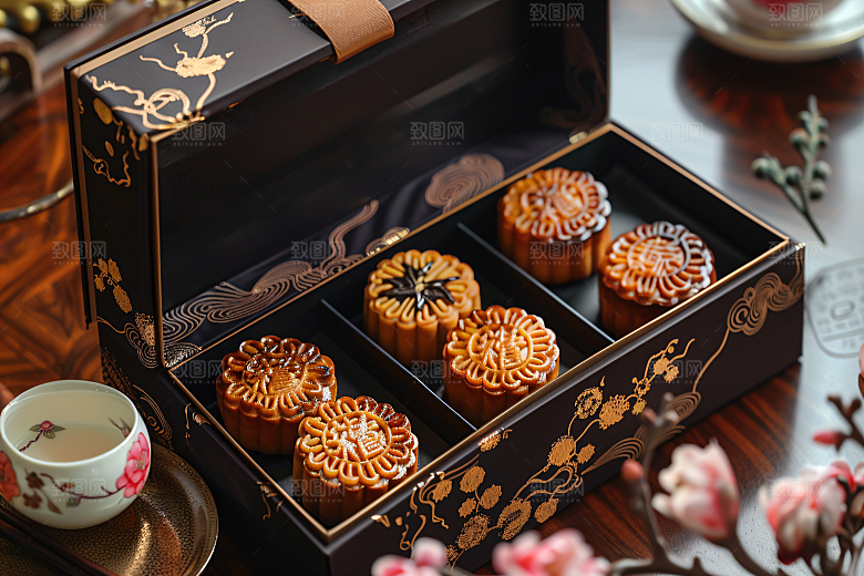 中秋月饼礼盒传统美食广式月饼摄影图