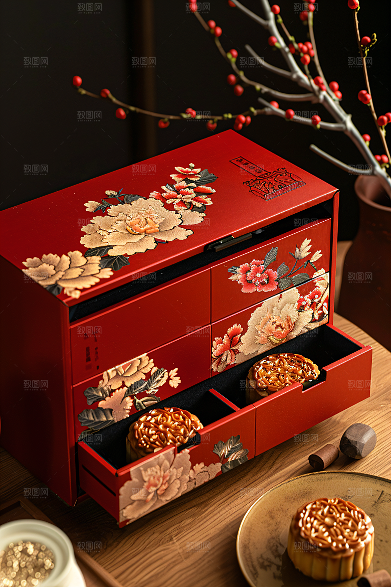 中秋月饼礼盒传统美食美味摄影图