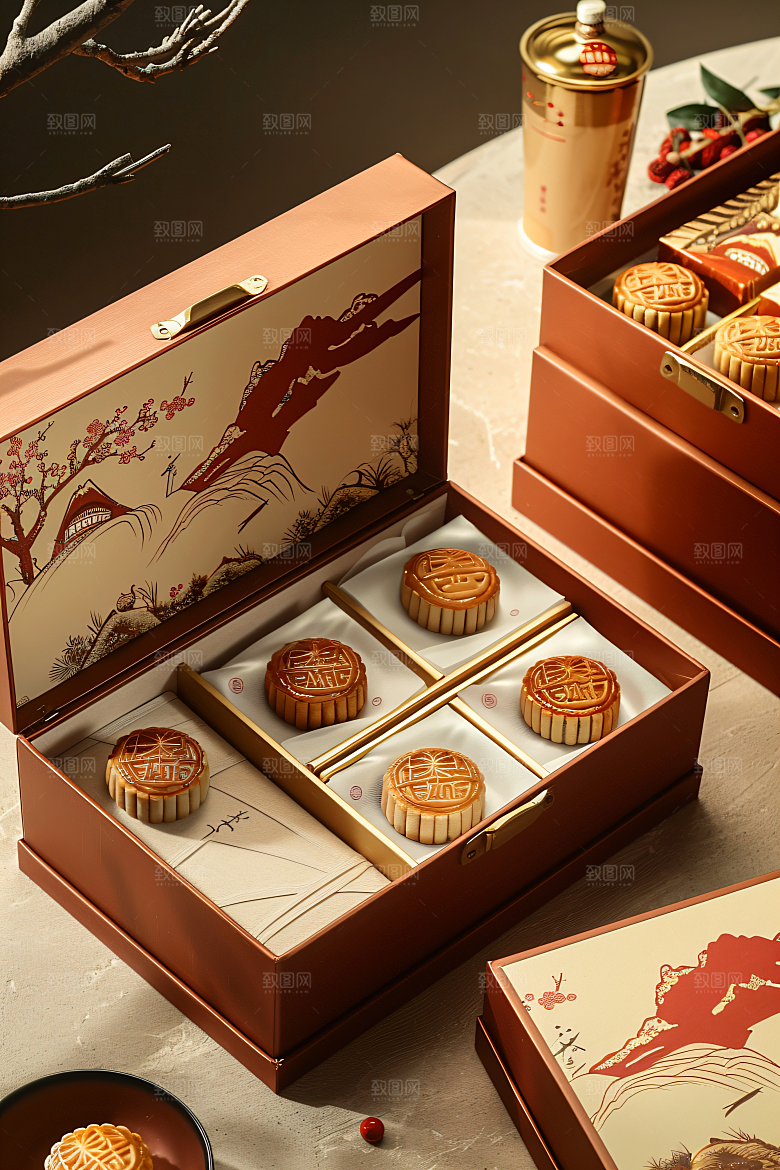 中秋月饼礼盒广式月饼甜点摄影图