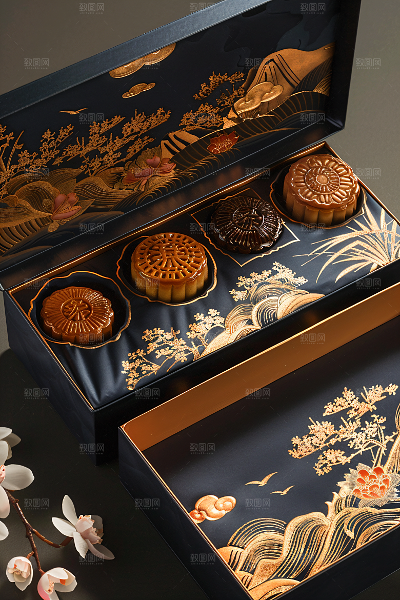 中秋月饼礼盒传统节日莲蓉月饼摄影图