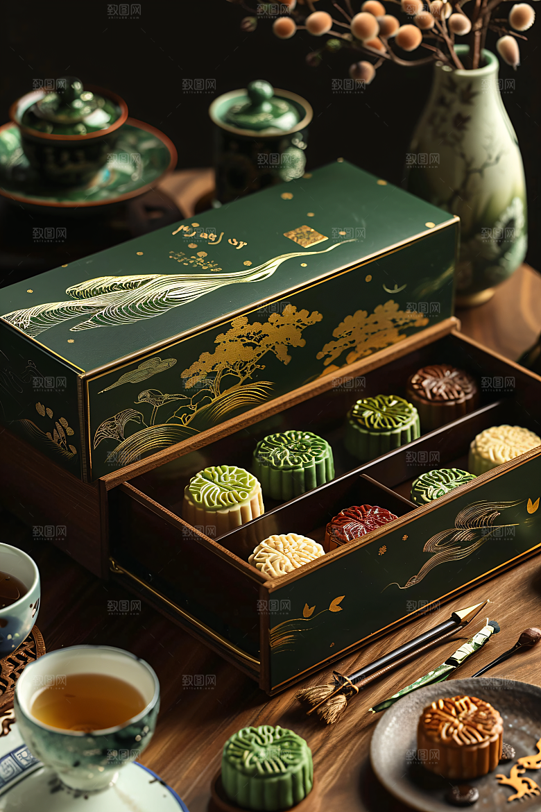 中秋月饼礼盒习俗传统美食摄影图