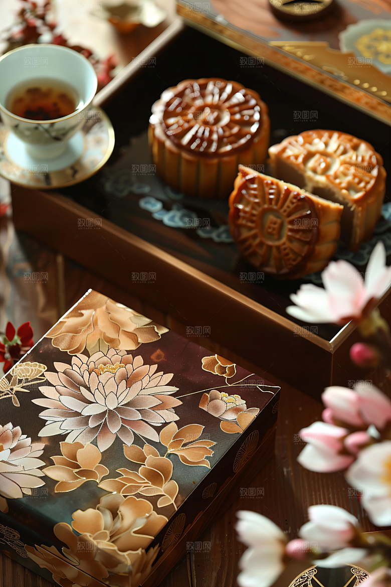 中秋月饼礼盒中秋节美味摄影图