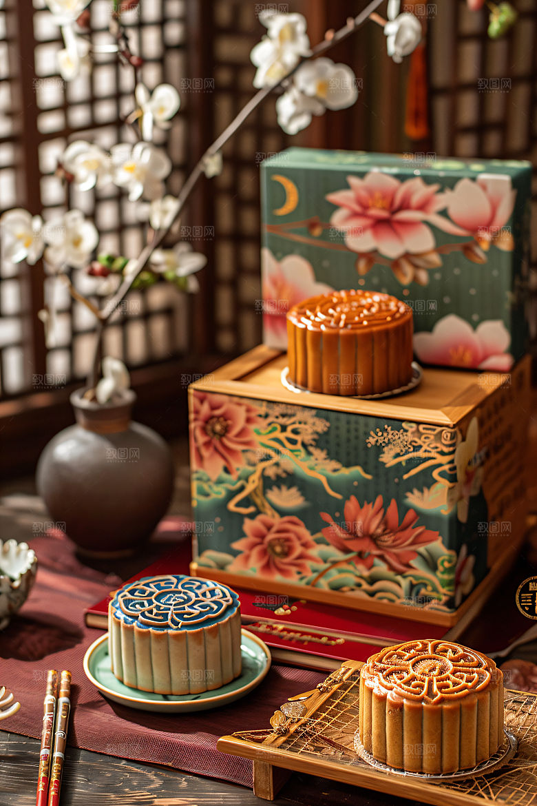 中秋月饼礼盒美食广式月饼摄影图