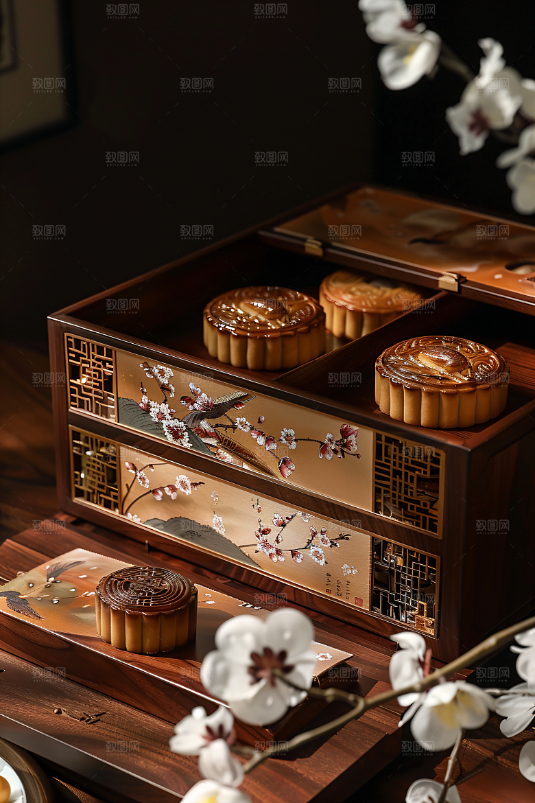 中秋月饼礼盒甜点文化摄影图