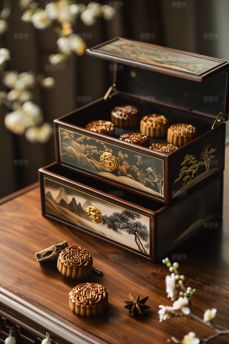 中秋月饼礼盒莲蓉月饼广式月饼摄影图