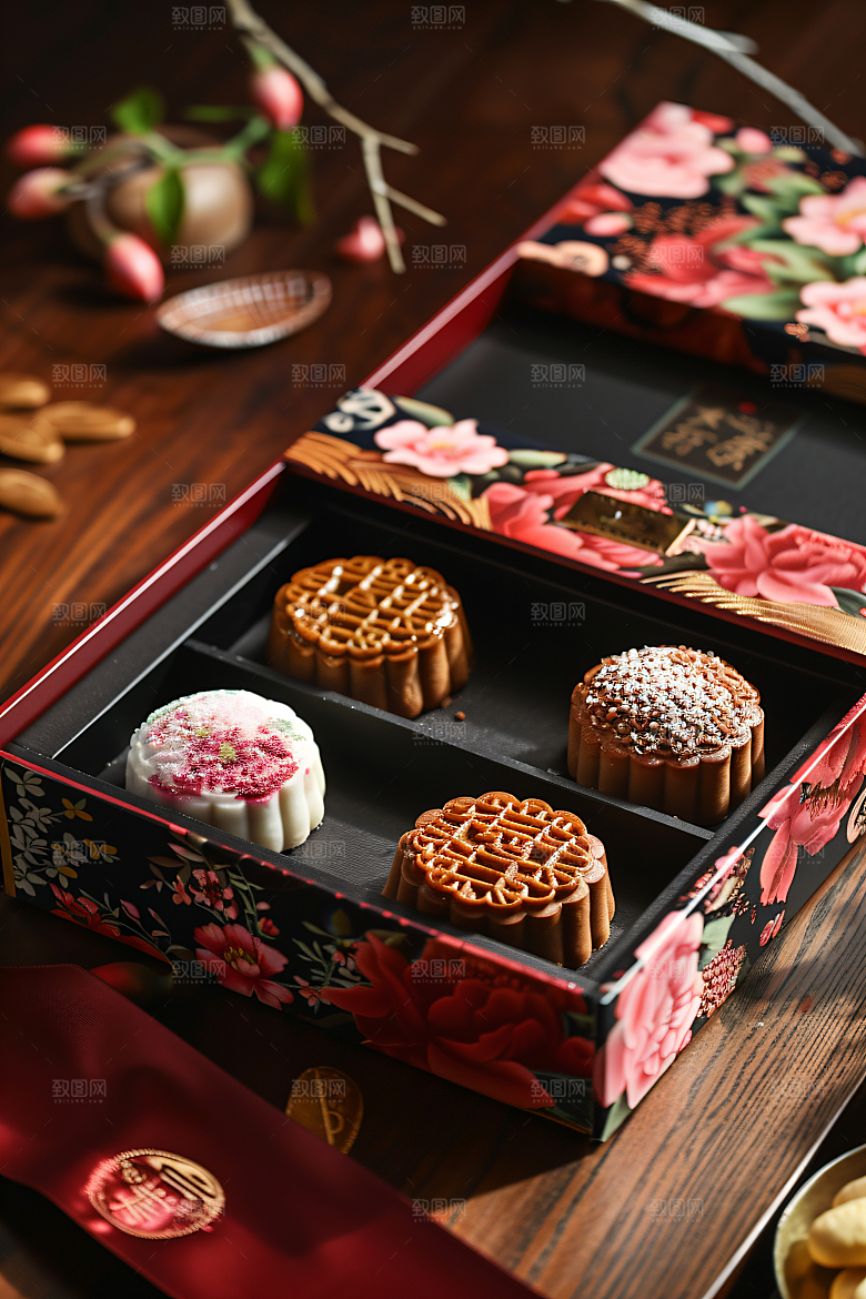 中秋月饼礼盒礼品习俗摄影图