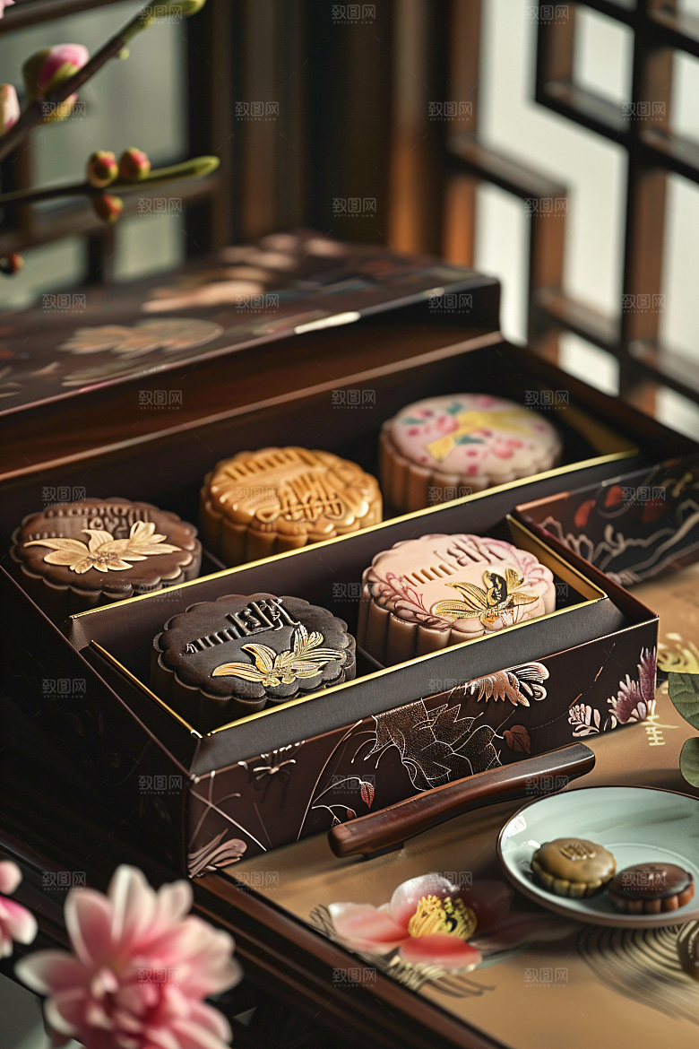 中秋月饼礼盒美味精致摄影图