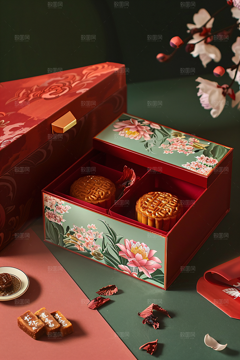 中秋月饼礼盒高清莲蓉月饼摄影图