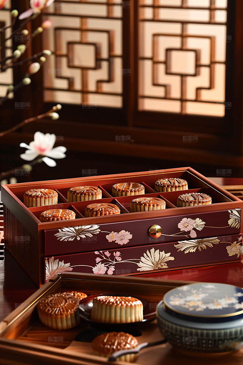 中秋月饼礼盒甜点传统节日摄影图