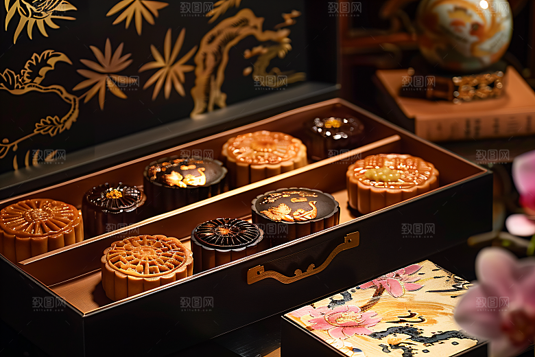 中秋月饼礼盒高清精致摄影图