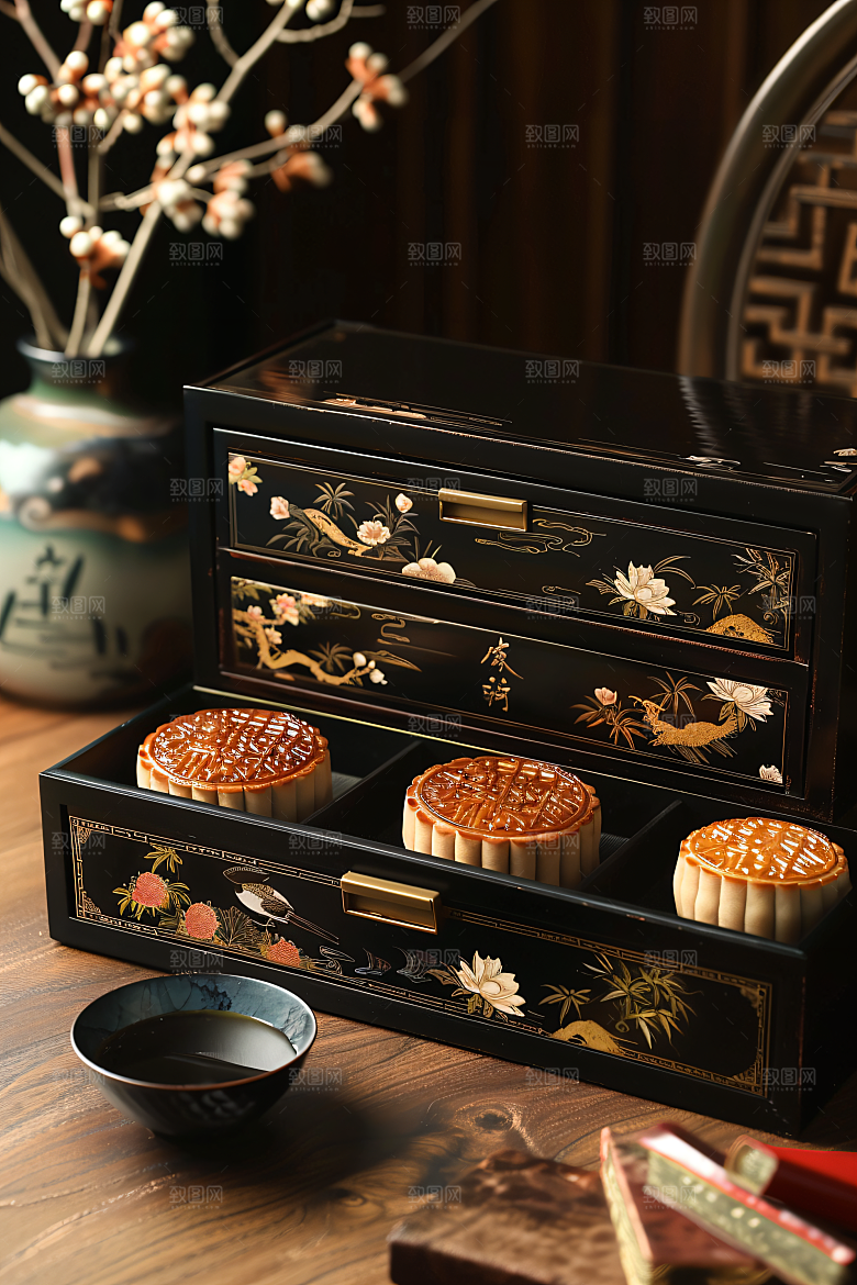 中秋月饼礼盒精致美味摄影图