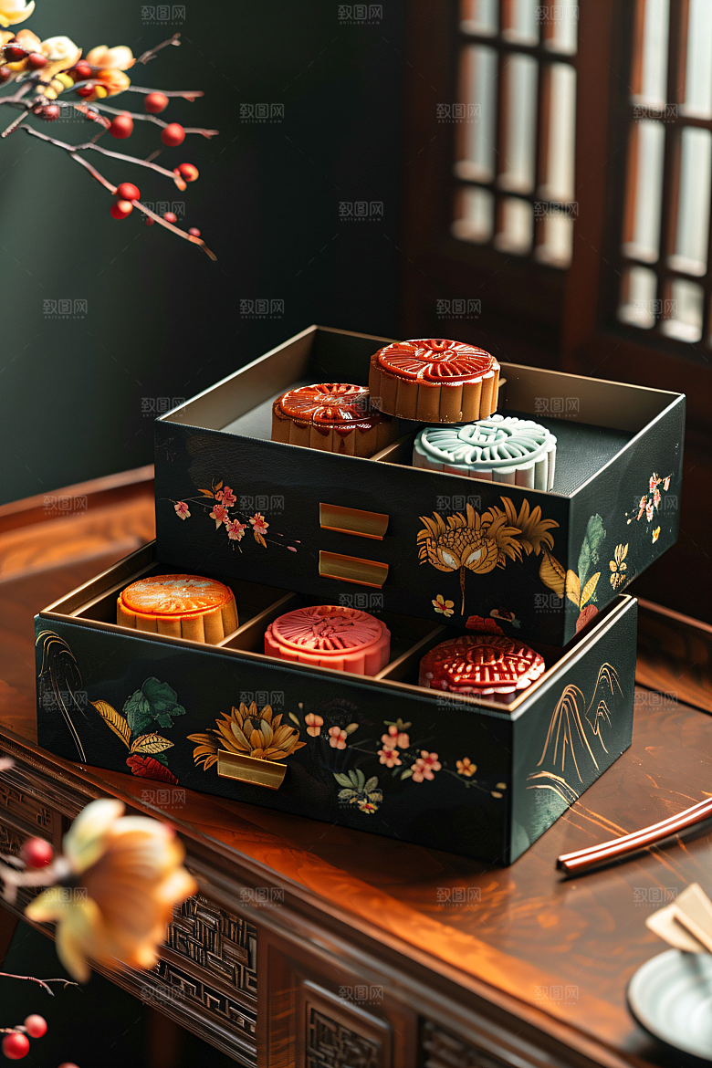 中秋月饼礼盒中秋节美味摄影图