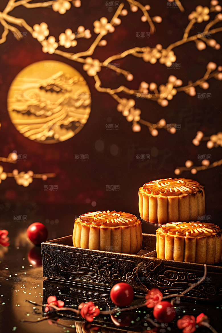 中秋月饼礼盒文化美味摄影图