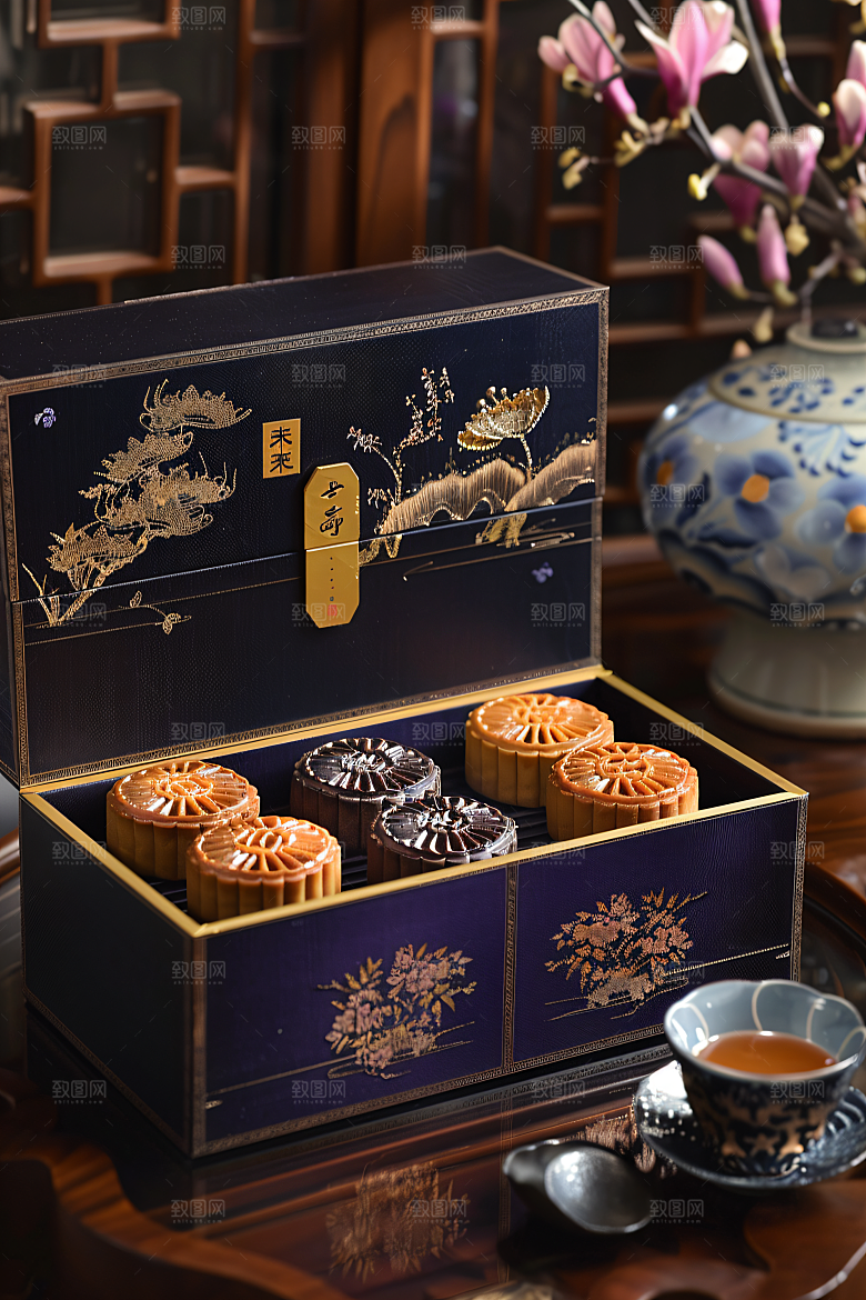 中秋月饼礼盒精致美味摄影图