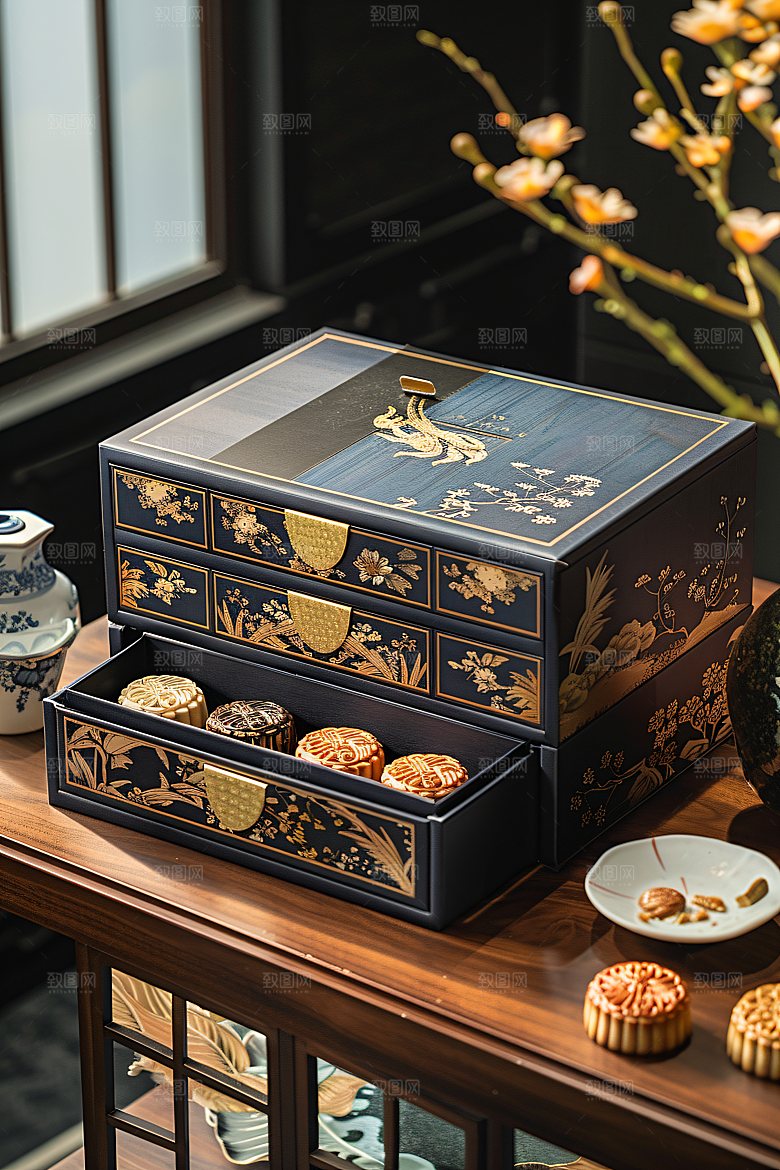 中秋月饼礼盒高清甜点摄影图
