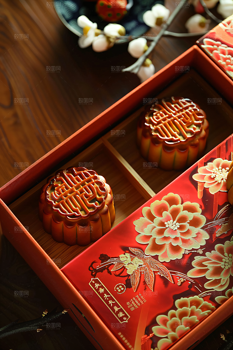 中秋月饼礼盒习俗莲蓉月饼摄影图