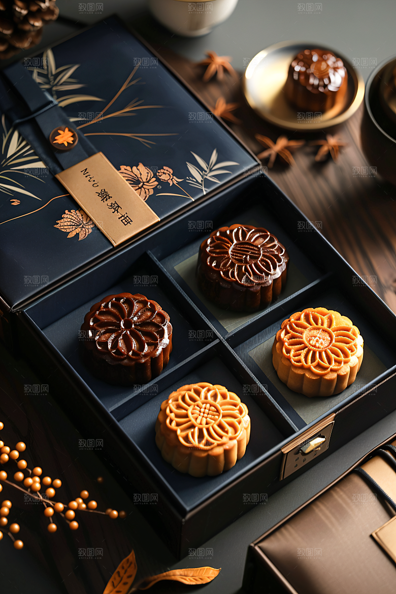 中秋月饼礼盒传统美食精致摄影图