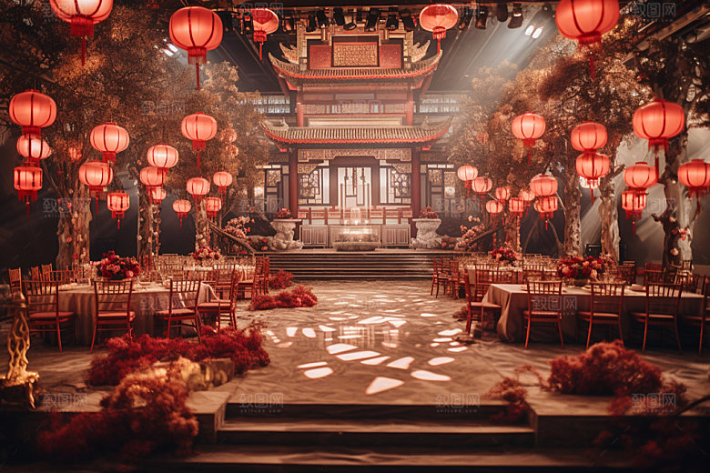 中式婚礼酒店场景喜庆效果图
