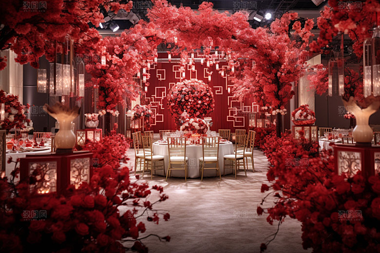 中式婚礼酒店场景喜庆效果图