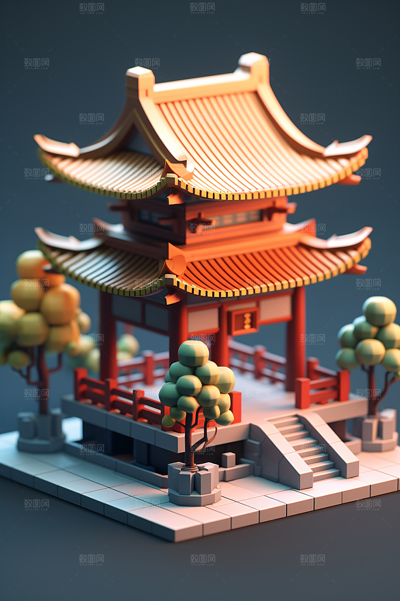 中式微缩建筑C4D传统建筑模型